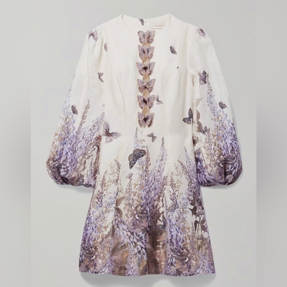 Zimmermann Luminous Butterfly Print Linen Mini Dress Wild Botanica Size 0/US4